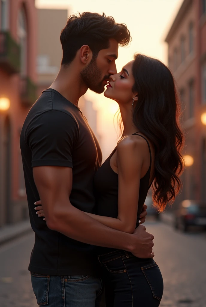 create a photo where I kiss my boyfriend (poor and dirty) me too (millionaire, brunette with black hair and clean)