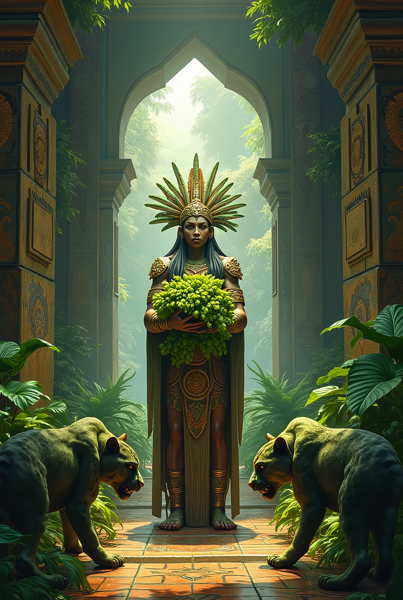 Hops in the hands of an indigenous warrior god and green jaguars in temple