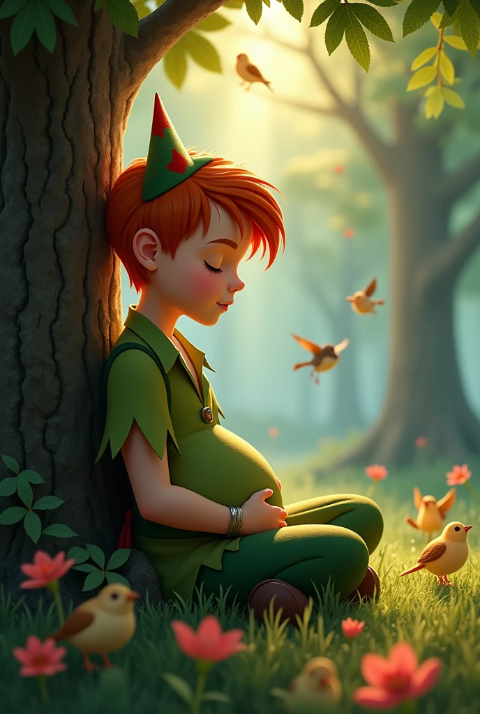 Generate an image of the boy Peter Pan from fables,  where he is sitting at the foot of a tree in the middle of a forest sleeping with birds perching around him.  Some nearby flowers and sunbeams passing through the treetops  Award Winning, Detail, HD, High Details, Super Detailed, Textured Skin, Best Quality, Bangs, Short Hair, Blunt Bangs, Shiny Hair, Floating Hair, Pointy Ears, Open Mouth, Closed Eyes, Saliva, Drooling, Licking Lips, Sleepy, Seductive Smile, Moaning, Best Quality, Anatomically Correct, Red Hair, pregnancy belly bulge out of shirt 