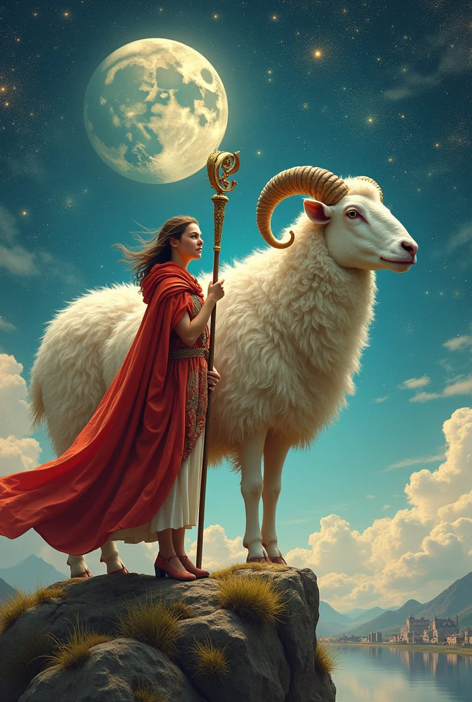 Two ethereal, green-haired women wearing flowing ancient Greek-style robes, with one woman seated on a mystical, large ram with glowing, ornate horns adorned with jewels. The other woman is standing on a stone platform, reaching out to her seated companion. The scene is set against a cosmic backdrop filled with swirling galaxies, vibrant stars, and a deep blue night sky. The overall atmosphere is mystical and otherworldly, with a sense of camaraderie and adventure between the characters. Emphasize the vibrant colors, particularly the blue and green tones, and the magical glow surrounding the figures and the ram.