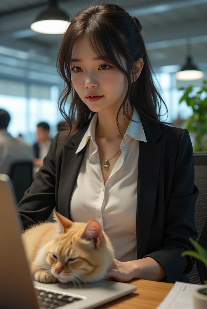 ultra-realistic, photorealistic, dramatic scene, shadow, global-illumination, solo, (teenage Japanese famous idol girl:1.5), very beautiful fragile Japanese girl, very beautiful with very cute but boyish cool face, (very large breasts), slim waist, moles, detailed face skin texture, professional lighting, (wearing a office worker's outfit of white shirt and jacket, with simple accessories:1.2), (very large breasts), at the large office with many desks and workers, decorative plant, A giant fat cat is sleeping on the laptop computer on her desk, she looks so confused, she is not able to understand whose cat he is, She shows her viewers a cute face with a bitter smile