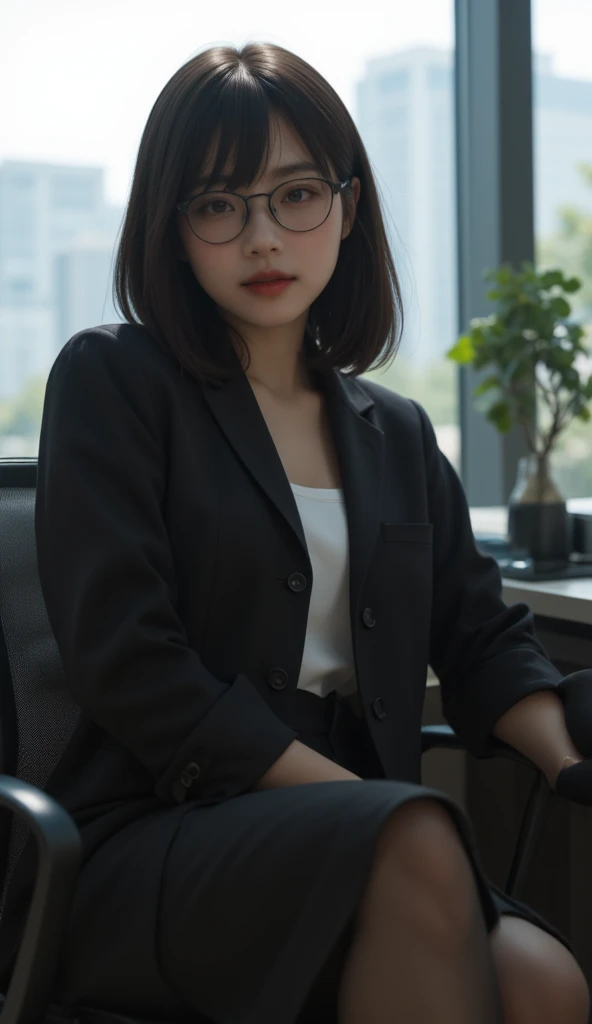 (((((Middle-aged women))))), masterpiece, Super detailed,  8K Portrait ,  RAW Photos,  portrait photo with lots of ties,  extremely detailed face, 1 female, ((((( sitting with legs spread ))))), Age 33, (((((Tall))))), ((( small eyes ))), Glasses, ((( Black Belly Shorthair ))), ((( hair on one eye))), (((White skin color))), ((((( office ladies suit to insert into genitals))))), ((((( wear oversized black cardigan))))), (((((Knee-length skirt))))), (( black pantyhose)), (((pumps))), Midday Sun, hyper realistic, Body Model, (( small breasts)),  Beautiful breasts, (Thick Ass), Long legs,  office room,  Ambient Lighting , Shadow Details , The camera focuses on the face, Strong winds, Light fog