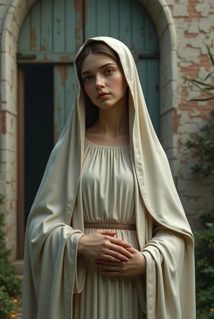 	Image of Our Lady in hyper cinematic style, 40 years old, with her hands together in prayer and holding a rosary. She wears a white cloak with golden details and on her head she has a big golden monarch crown with red details inside the crown, without halo, she is stand up in a rock floor, she is barefeet, no background , general photograph whole body, masterplan photograph