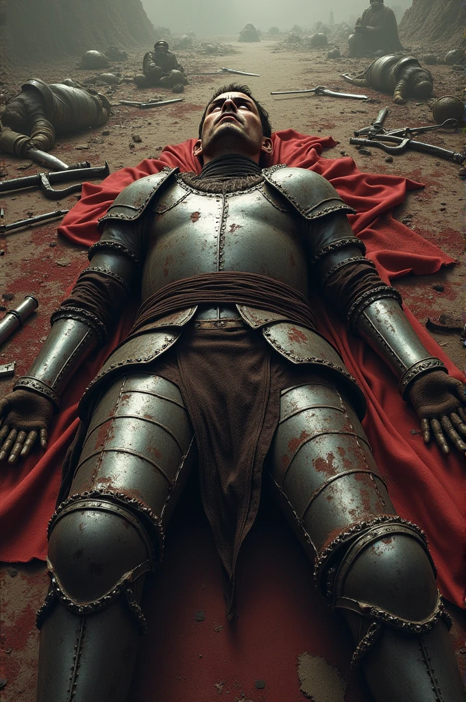 A highly realistic, high-contrast, 8K HD, detailed, hyper-detailed image of Tono, a knight clad in full armor with a lion emblem on his chest, being defeated in battle. Tono is on the ground, blood pouring from his wounds, with a large pool of blood surrounding him. The atmosphere is tense and chaotic as the battle continues around him, with other knights still engaged in combat. The image captures the intensity of the battlefield, with Tono's fallen form as the focal point, surrounded by the chaos of ongoing warfare. The image is of the highest quality, with ultra-high resolution, RAW photo quality, and Unreal Engine rendering, vividly depicting the tragic and brutal moment of Tono's defeat.
