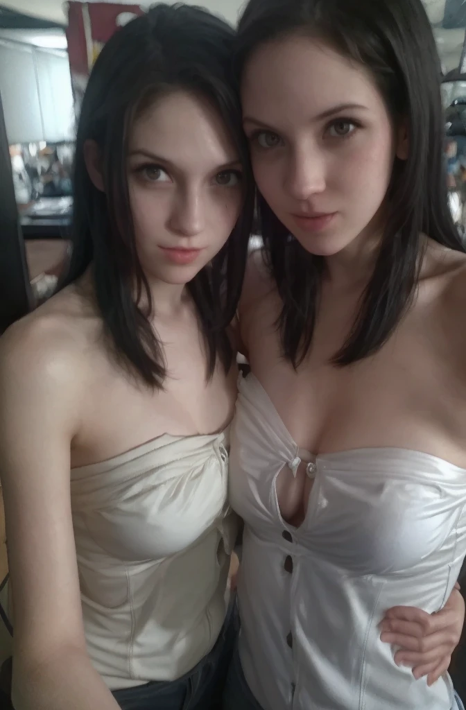 2girls, pale skin, parted lips, detailed long hair,  , strapless, bare shoulders,
vintage, faded film, film grain, polaroid, cute