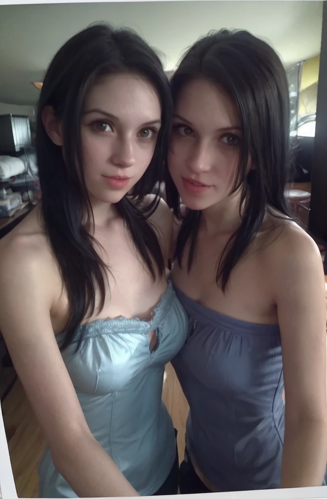 2girls, pale skin, parted lips, detailed long hair,  , strapless, bare shoulders,
vintage, faded film, film grain, polaroid, cute