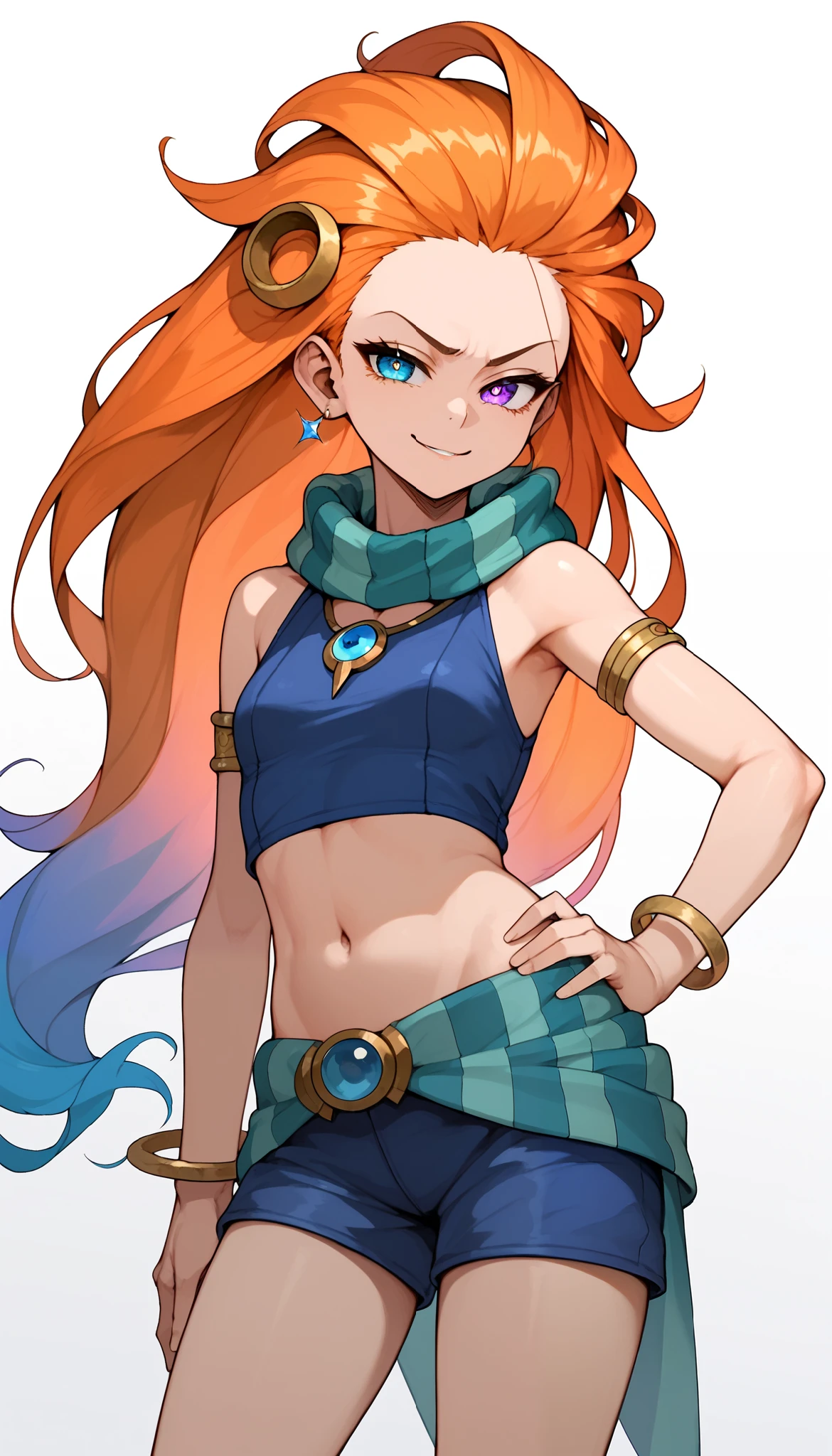 Anime, 1girl, ZoeLoLXL, mature, purple eyes, (blue eye:1.1), heterochromia, orange hair, multicolored hair, gradient hair, long hair, hair ornament, forehead, small breasts, green scarf, striped scarf, bare shoulders, blue midriff, necklace, armlet, bracelet, navel, blue shorts, green belt, upper body, hand on hip, smirk, cute, looking at viewer, white background, simple background, score_9, score_8_up, score_7_up, unaestheticXL_bp5,