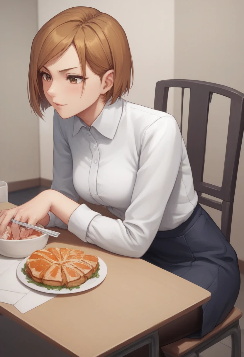 masterpiece,best quality,best details,nsfw,1 girl,short hair,brown hair,brown eyes,precise fingers,dress shirt,skirt,long black tights,long sleeve,a lot of food on the table,belly feels a little stuffing,sit on a chair,underground room,trapped underground room,Kugisaki Nobara,anime,