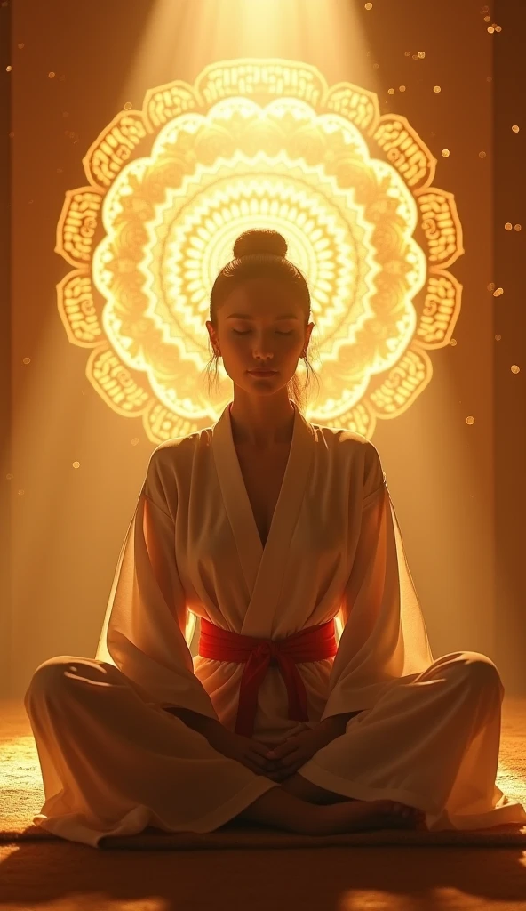 A serene meditation scene featuring a so beautiful sexy Japanese woman in a traditional outfit, seated in a lotus position with a calm expression. She sits in a softly illuminated room with an ethereal, glowing mandala behind her, adding depth and tranquility to the background. Warm golden rays of light filter in from above, blending harmoniously with gentle sparkles in the air, creating a peaceful, mystical ambiance. The atmosphere is both spiritual and grounding, capturing inner peace and enlightenment.
This prompt focuses on the balance of light, the tranquil setting, and the spiritual symbolism in the background.