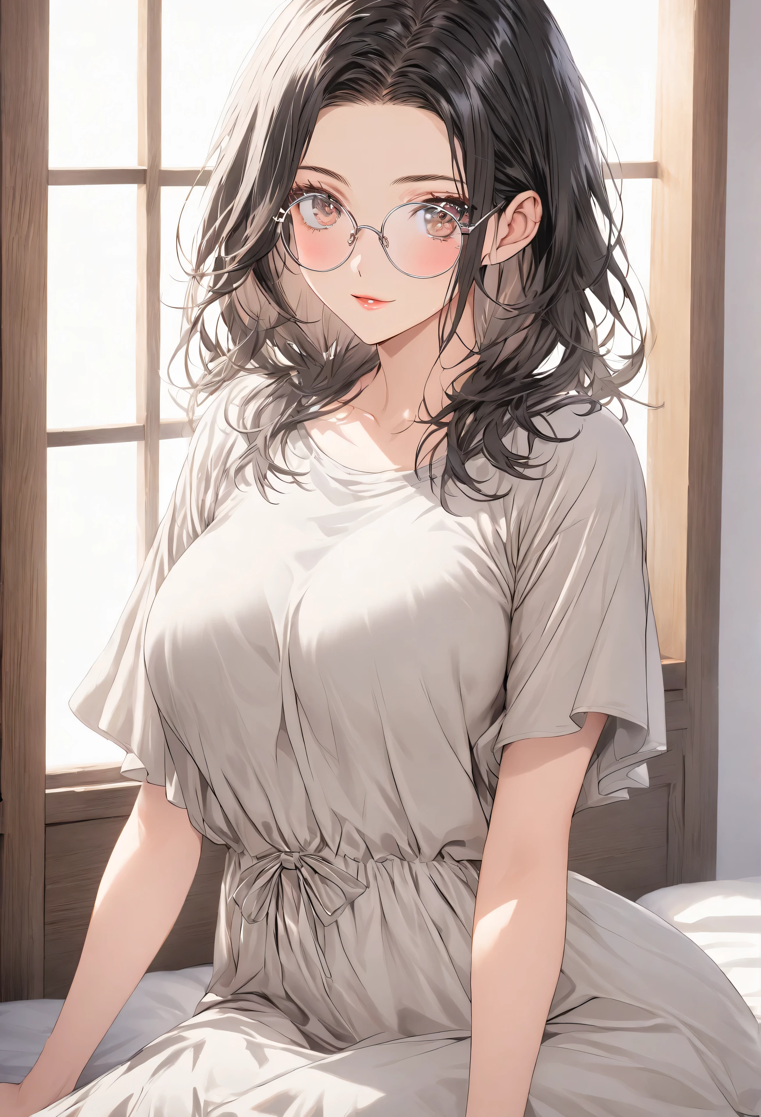 ((highest quality)), ((masterpiece)), (detailed), (front view), (one girl), sexy, shiny skin, glossy skin, height 168cm, bust 120cm, medium size breast, hourglass body, housewife, black hair parted bangs, A mother with warm eyes, Wearing round glasses, Looking at viewer with gentle eyes, wearing a simple, comfortable dress made from soft cotton or jersey fabric. The dress is a relaxed fit, with a gently scooped neckline and short sleeves. It has a slightly A-line shape that drapes comfortably over her figure, allowing freedom of movement. The dress comes in a calming, neutral tone like pastel or soft earth color, perfect for lounging around the house or enjoying a quiet moment. She pairs the outfit with cozy flats or slippers for ultimate comfort The fabric is slightly translucent in the sunlight.