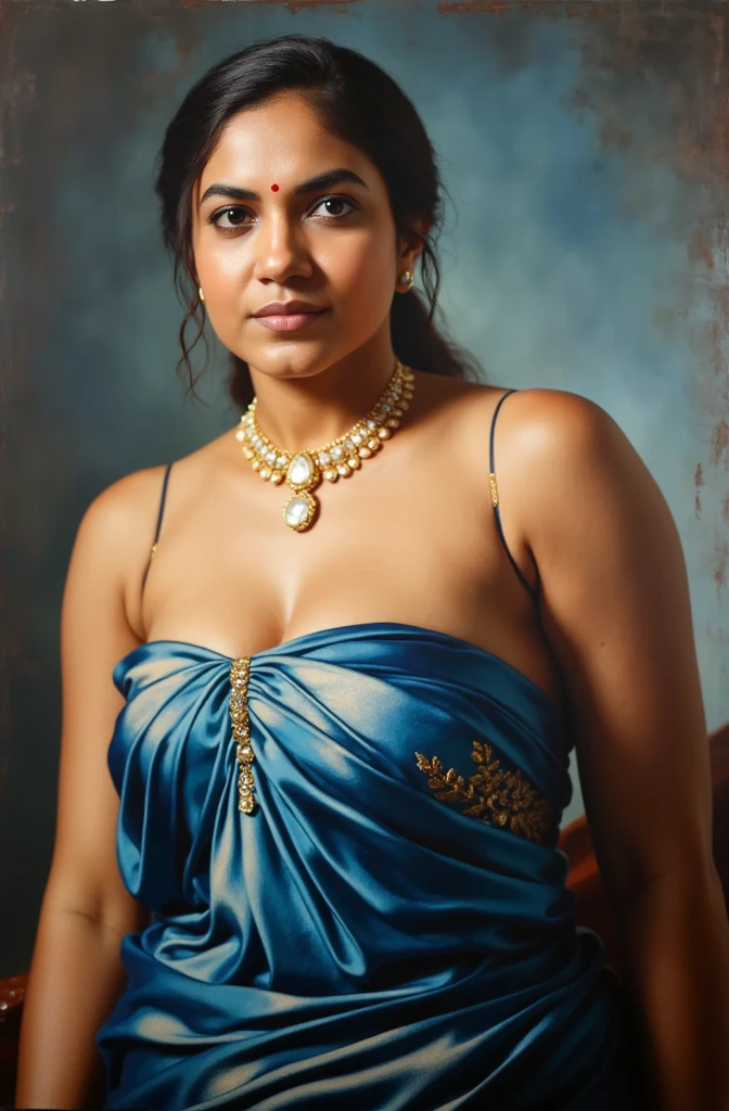 painting of a woman in a blue dress with a gold necklace, inspired by Raja Ravi Varma, by Raja Ravi Varma, portrait of a beautiful goddess, a stunning portrait of a goddess, portrait of modern darna, beautiful face , enchantress, ravishing beauty, perfect hands and fingers, charming, portrait of a goddess, indian girl with brown skin, portrait painting of a princess, gorgeous woman, oil painting of realistic woman, indian empress