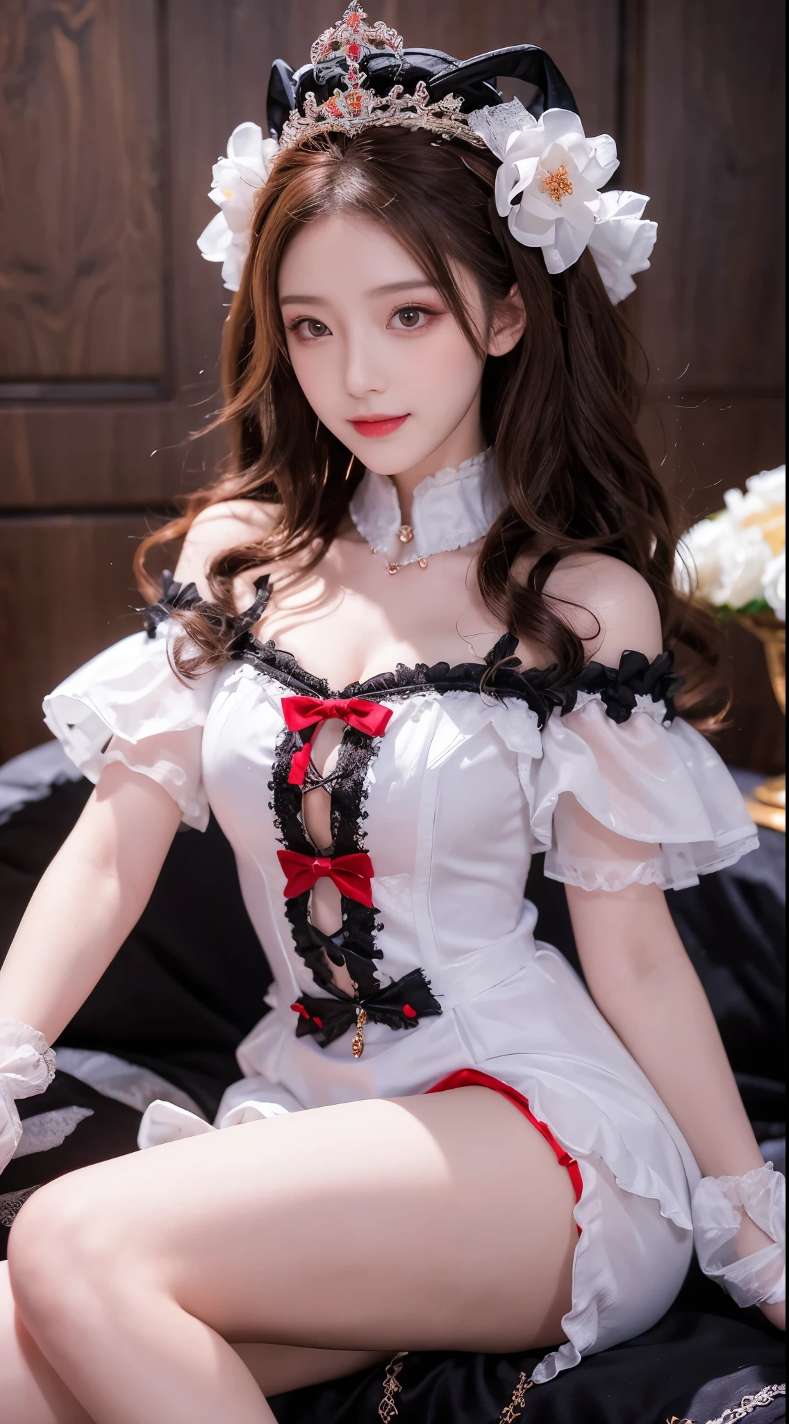 Beautiful 小恶魔 woman,   chestnut hair  ,   beautiful eyes,  Large bust, Wore the witch's black and red clothes,  is sitting in a tavern wearing a witch's black and red dress and smiling,  Actual , Full HD,  Best Quality ，Halloween hats，Halloween motif，witch，Smile, 