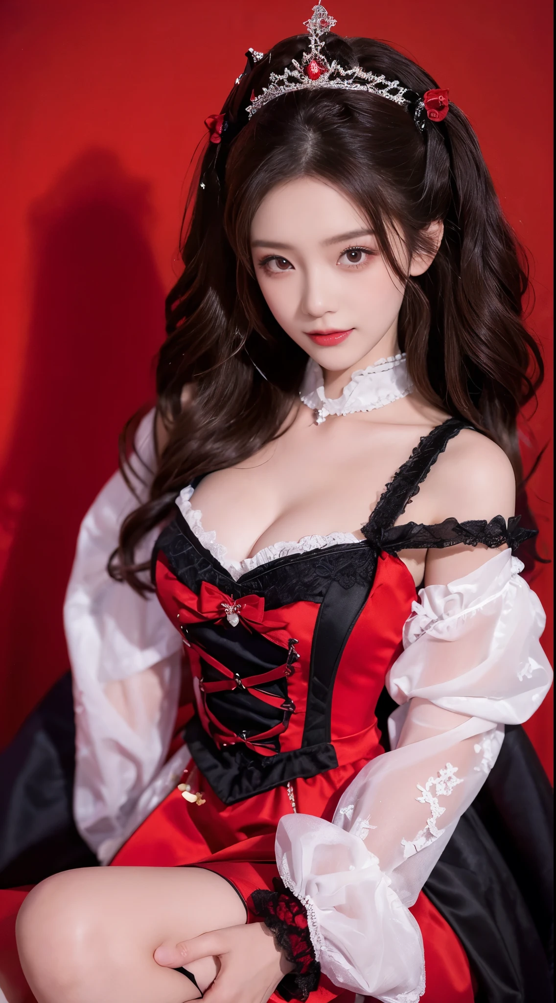 Beautiful 小恶魔 woman,   chestnut hair  ,   beautiful eyes,  Large bust, Wore the witch's black and red clothes,  is sitting in a tavern wearing a witch's black and red dress and smiling,  Actual , Full HD,  Best Quality ，Halloween hats，Halloween motif，witch，Smile, 