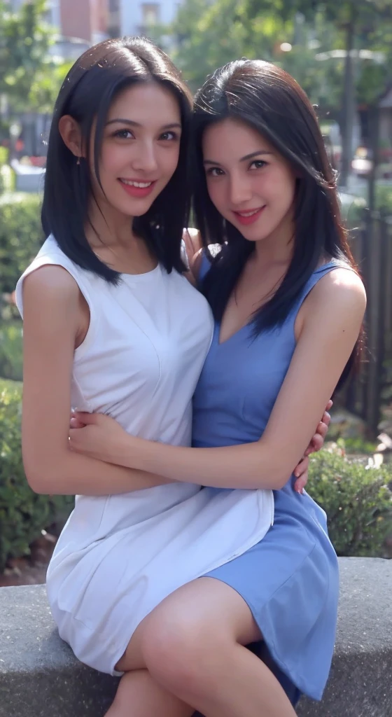 Photography, realistic image and precise details of the face and body, high-quality resolution, raw image, perfect lighting, two beautiful girls, 25 years old, Italian beauty, girl 1, girl 2, blue dress, short white dress, casual fashion clothes, sexy laugh, holding hands Side hug, love pose, sphinx background,