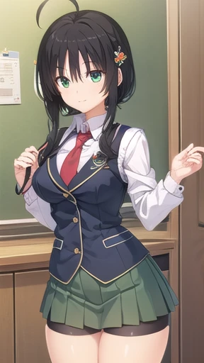 (masterpiece,best quality,detailed,high resolution,game cg), Hitachi Mako,ahoge,long hair,black hair,short hair with long locks,hair intakes,hair ornament,bangs,green eyes,high school uniform,high school vest,green vest,button,white shirt,collared shirt,red necktie,long sleeves,medium breasts,green skirt,t pleated skirt,high strap,bike shorts,loafers,