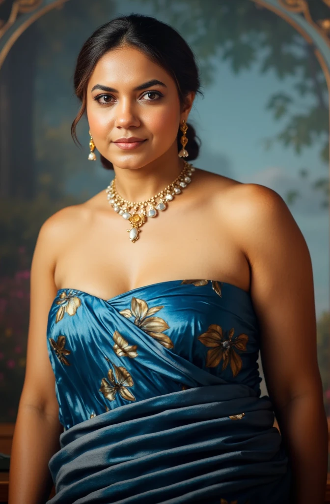 A beautiful woman with an off-shoulder dress, huge bust, and deep cleavage, hyper-realistic, photorealistic, detailed facial features, extremely detailed eyes and face, intricate details, ornate jewelry, elegant hairstyle, dramatic lighting, cinematic composition, vibrant colors, masterpiece, 8k, high quality