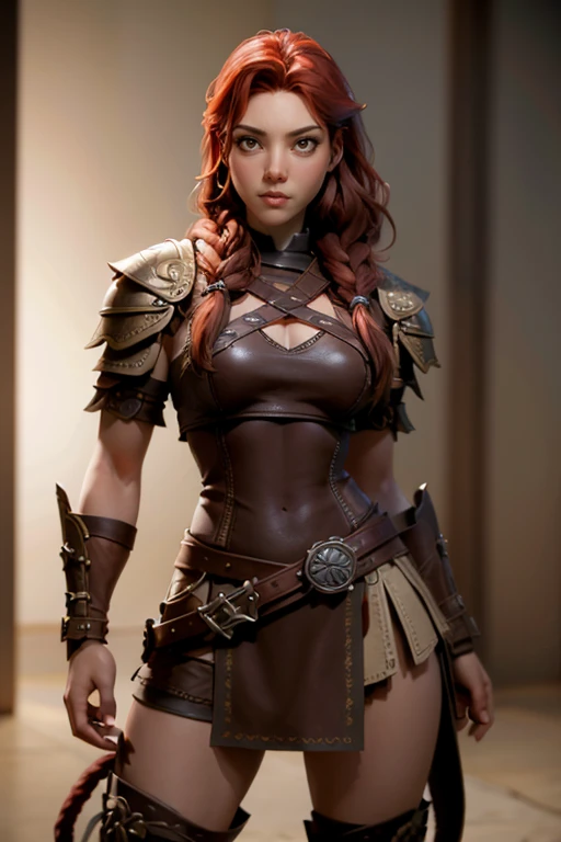 Viking woman, warrior,  long red hair tied in a single braid ,  amazonian body ,  brown eyes , leather armor with leather linings and Celtic and Norse knots, fur skirt, bushy eyebrows,  looking at the camera ,  composition epic character,  Natural lighting,  ultra resolution ,  plain white background , without patterns, No textures.