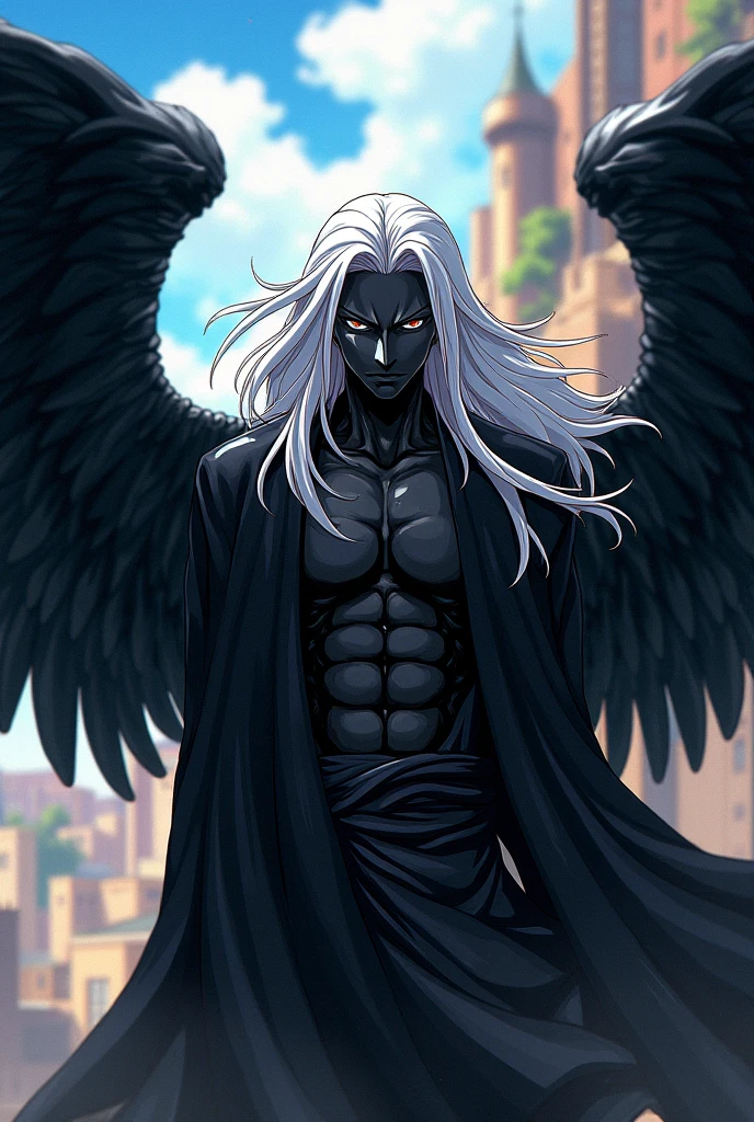 Young angel man, evil, owl-like, with four black wings, red eyes, evil look, dark aura, man