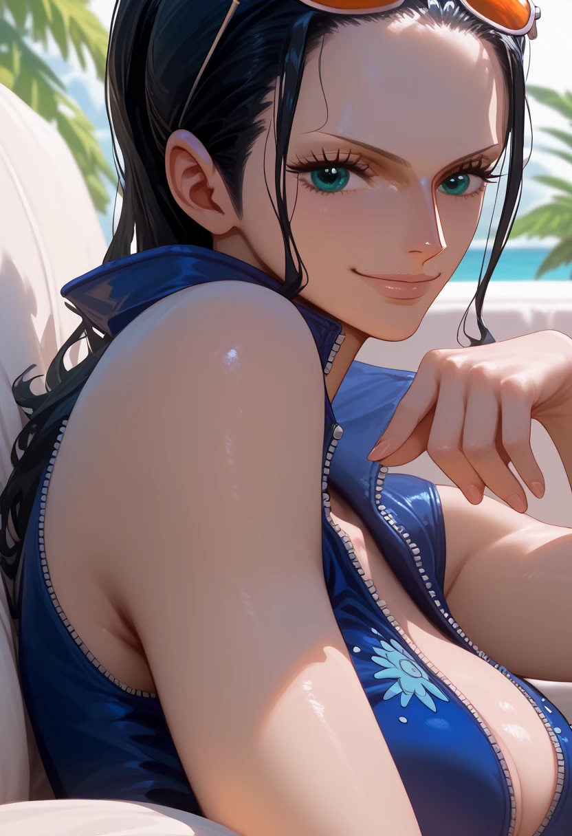 score_9_presence, score_8_up, score_7_up, (Nico Robin), solo Robin, seductive face, smirk, horny, Hyper quality, perfect face, perfect lighting, Black hair, sunglasses, lying on sofa