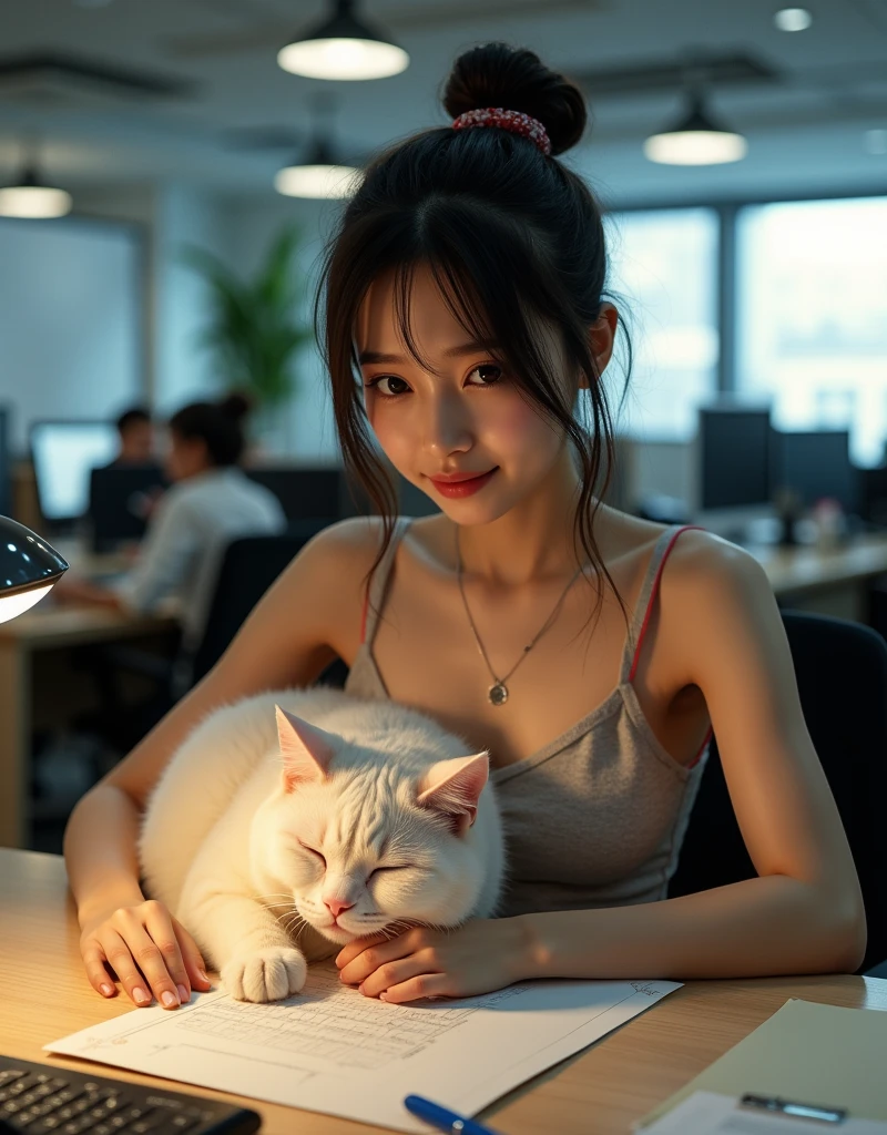 ultra-realistic, photorealistic, dramatic scene, shadow, global-illumination, solo, (teenage Japanese famous idol girl:1.5), very beautiful fragile Japanese girl, very beautiful with very cute but boyish cool face, (very large breasts), slim waist, moles, detailed face skin texture, professional lighting, (wearing a cute stuffed cat:1.2), (very large breasts), at the large office with many desks and workers, decorative plant, A giant fat cat is sleeping on the laptop computer on her desk, she looks so confused, she is not able to understand whose cat he is, She shows her viewers a cute face with a bitter smile