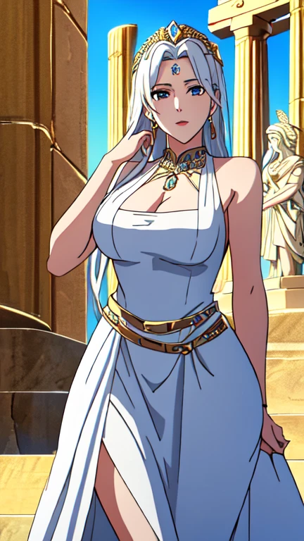 Athena Greek goddess, Greek temple, beautiful adult woman, blue eyes, white hair, sky, highly detailed background, perfect masterpiece, high quality, ultra high resolution, divine and radiant shine, mystical. This woman's clothing is elegant and classic style, inspired. by ancient Greece or Rome. She is wearing a sleeveless white dress with a crossover neckline, which highlights her shoulders and neck. The dress falls fluidly, giving a refined and ethereal look. The waist is adorned with a red or brown belt, with a gold rose-shaped brooch in the center, which defines its silhouette. As accessories, she uses a golden headband with details reminiscent of leaves or points, which gives her an air of nobility or divinity. She also wears long gold earrings and a gold necklace, further accentuating her sophisticated appearance. The golden bracelets on her arms complement the look, giving it an additional touch of elegance and power. This clothing and its accessories suggest that it is an important figure, perhaps a goddess or a woman of high hierarchy.