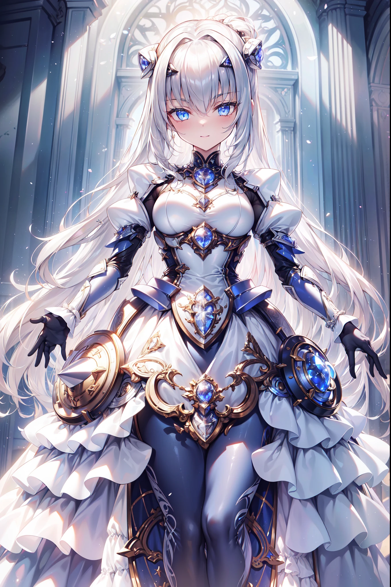 ( It's the best quality ,4K,8K,  high resolution , masterpiece :1.2),   super detailed ,  girl ，Holy，(  silver white hair )，  blue eyes ，obsessed， Elegant standing posture，玩得 happy ，in love，   Lightweight princess dress  ，  Detailed clothes ，pattern，Swimsuit， happy ，  From the room ，  alone ，Small amount of armor