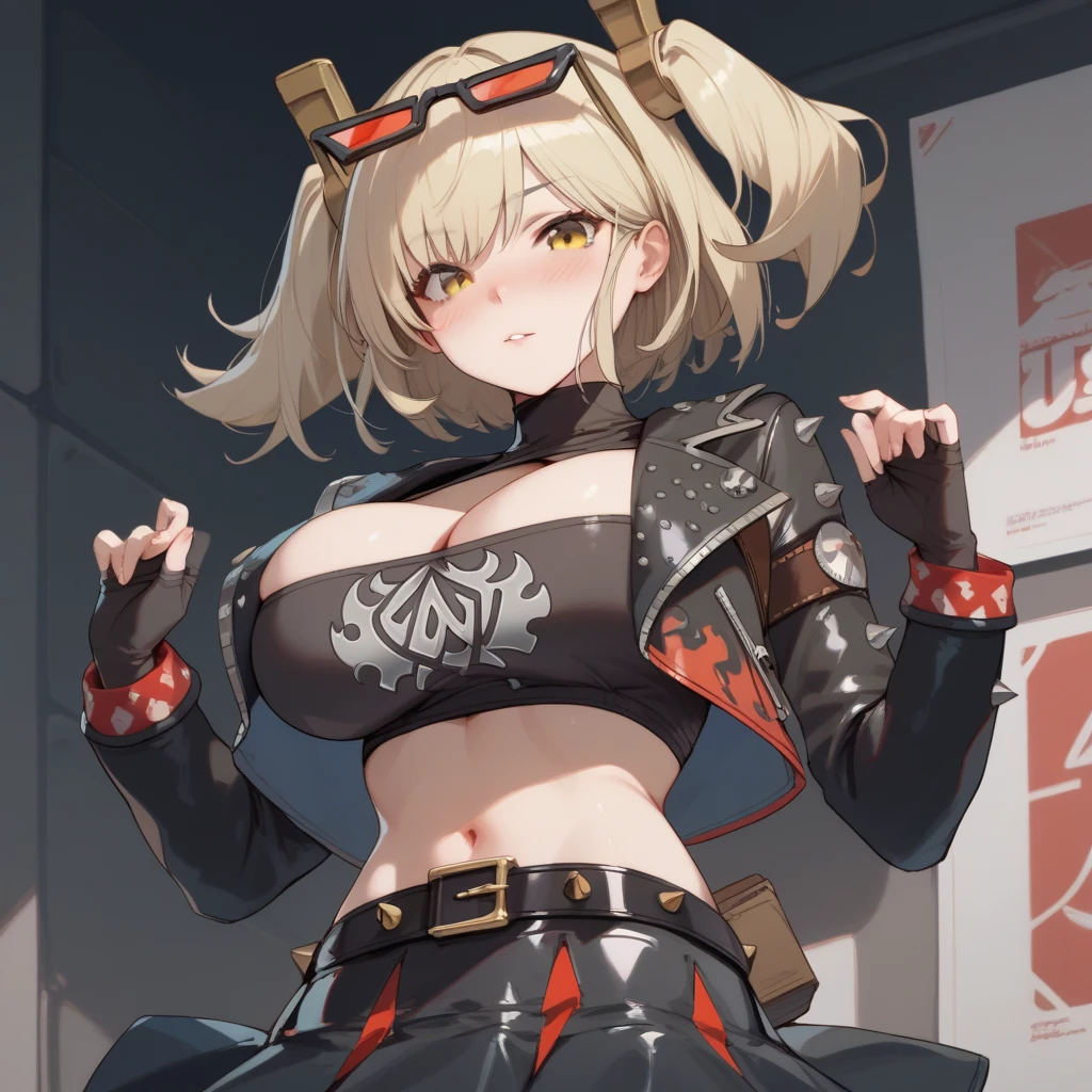  eyewear on head, black jacket, cropped jacket, long sleeves, fingerless gloves, black tube top, turtleneck, cleavage, midriff, belt, black skirt, black thighhighs, red thigh strap,
 breast, (huge breasts:1.0), (blush), 8k masterpiece, (1girl, solo), burnice, orange eyes, blonde hair, short hair, two side up, hair ornament, 