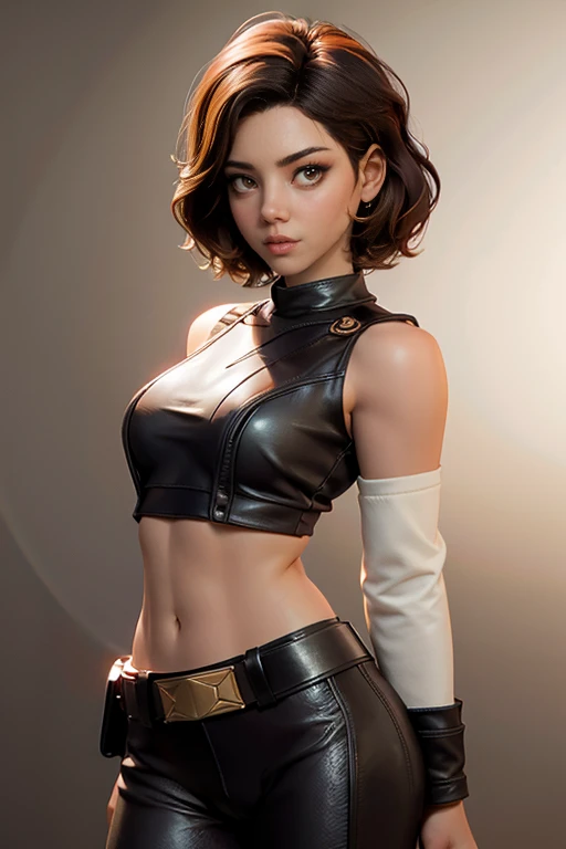 Star Wars ,  short hair , brown eyes, Confident and determined , firm stance,  safe expression,  wears tight brown leather leggings with belt,  Natural lighting,  ultra resolution ,  plain white background , without patterns, No textures.