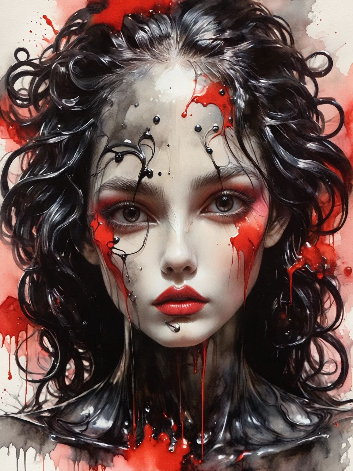 8k, RGB, HdR, oil paints, Watercolors, bright saturated colors, Anna Razumovskaya, Jarek Kubicki, Aleksi Brilo, Darek Zabrotsky, sakimichan, lois, Aminola Rezai, raw photo, negro, dark red, close up, Portrait of Medusa, Mixed media collage, beautiful face. calligraphy, gouache wash, pen sketch, fine lines, Vintage illustration style. negro, white, Coral pink, red, by rubio, beautiful ral-negrolight designs