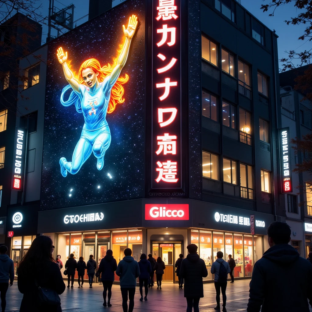  neon sign shining on the exterior wall of the building 、A building with a large neon sign imitating a runner cutting goal tape with both hands raised、 Glittering neon lights shining in a variety of colors 、Glico's neon sign in Osaka 、 tourists taking a commemorative photo under the sign 。