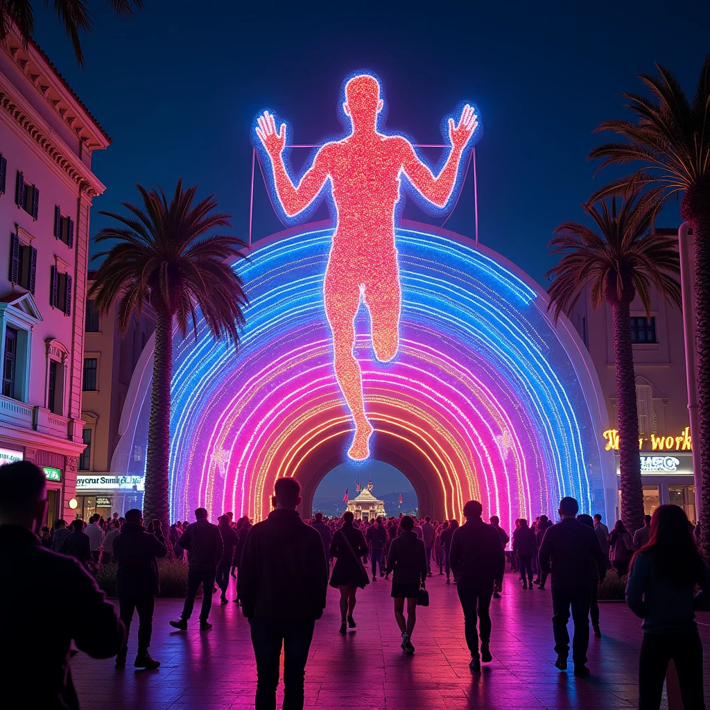  neon sign shining on the exterior wall of the building 、A building with a large neon sign imitating a runner cutting goal tape with both hands raised、 Glittering neon lights shining in a variety of colors 、Glico's neon sign in Osaka 、 tourists taking a commemorative photo under the sign 。