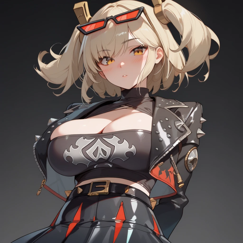  hands behind back, eyewear on head, black jacket, cropped jacket, long sleeves, fingerless gloves, black tube top, turtleneck, cleavage, midriff, belt, black skirt, black thighhighs, red thigh strap,
 breast, (huge breasts:1.0), (blush), 8k masterpiece, (1girl, solo), burnice, orange eyes, blonde hair, short hair, two side up, hair ornament, 