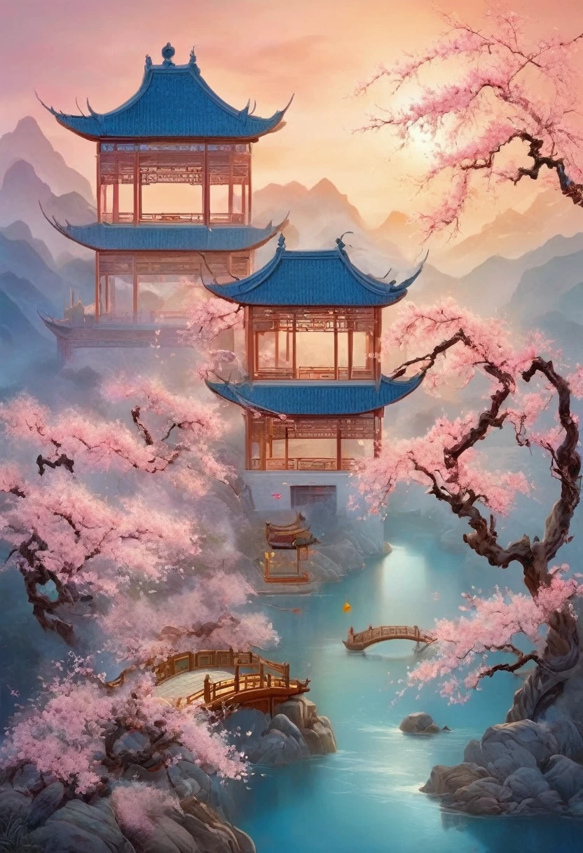 a sinuous river surrounded by dense peach blossom trees, a blue lake, national geographic photography style, exaggerated visual composition and colors, aerial perspective photography, pioneering color photography, intricate weaving, photography, vivid exaggerated landscape, chinese style, ancient chinese architecture, ancient chinese bridge, peach blossom spring, sunrise, dawn glow， A large S-shaped river is surrounded by dense peach trees, Blue Lagoon, 国家地理photography风格,  Exaggerated visual composition and color , 鸟瞰透视photography, 开创性的彩色photography,  Complicated Weave , photography,  Vivid and exaggerated landscape ,Chinese style，Ancient Chinese architecture，Ancient Chinese bridges，Peach Blossom Spring，sunrise，Morning glow