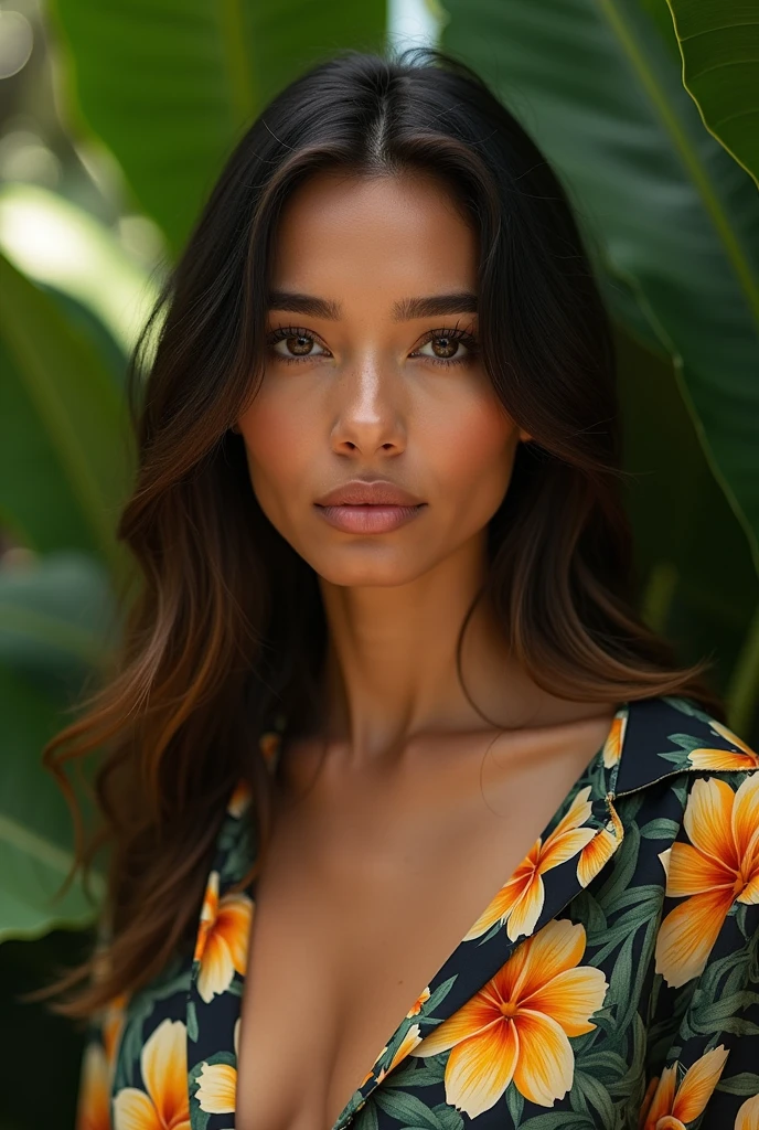 A Brazilian woman in exuberant everyday variations, wearing an open shirt with a floral print, with a close-up capturing the harmonious beauty between her breasts and the natural flowers, showing off your natural charm and outgoing personality.