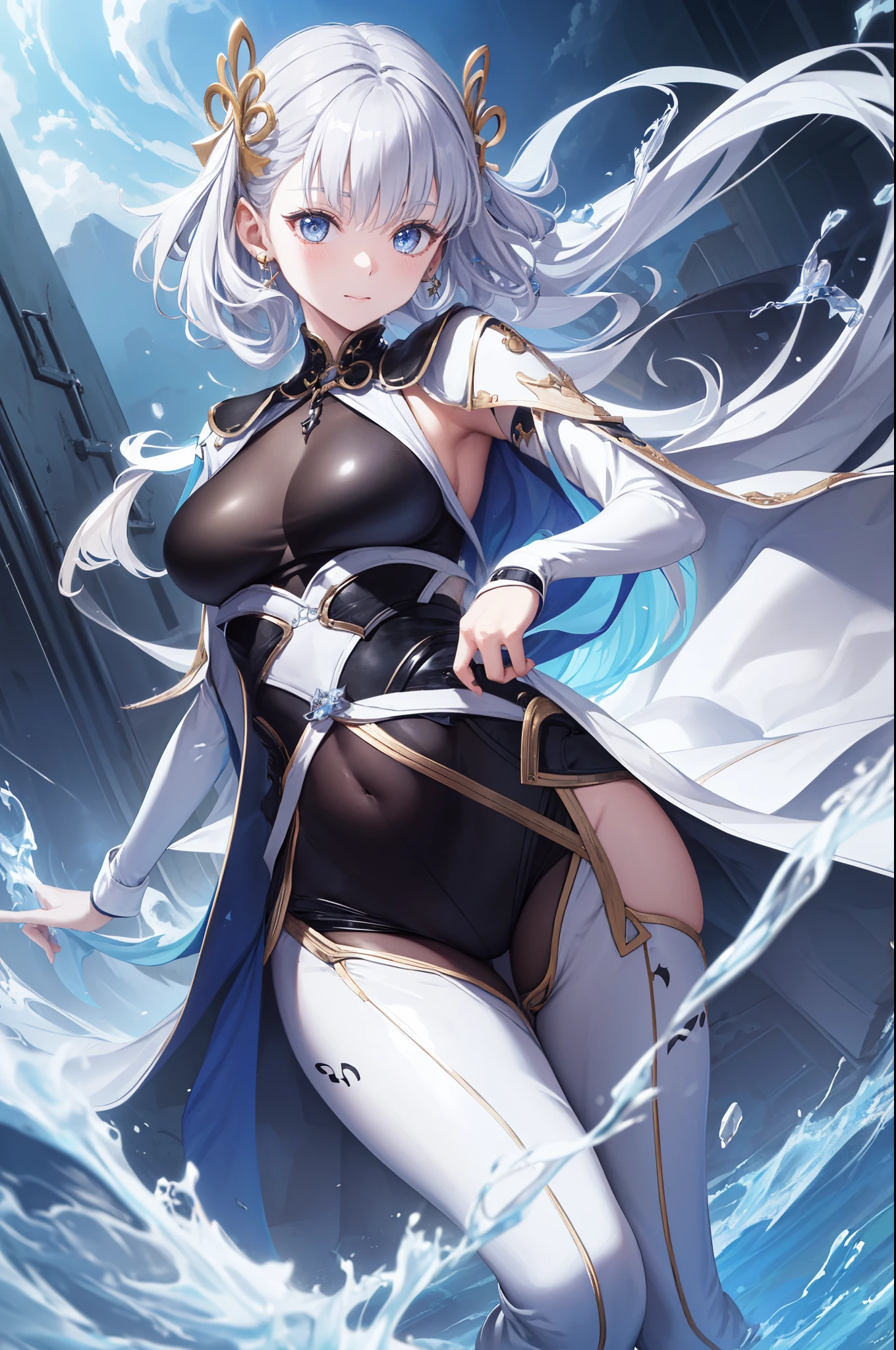 ( Best Quality ,4K,8K, high resolution ,masterpiece:1.2), extremely detailed,Mature Woman,, magic ,Charm,joy, Holy Goddess , magic al effect,Silver Hair, blue eyes,One-piece rubber suit，boots