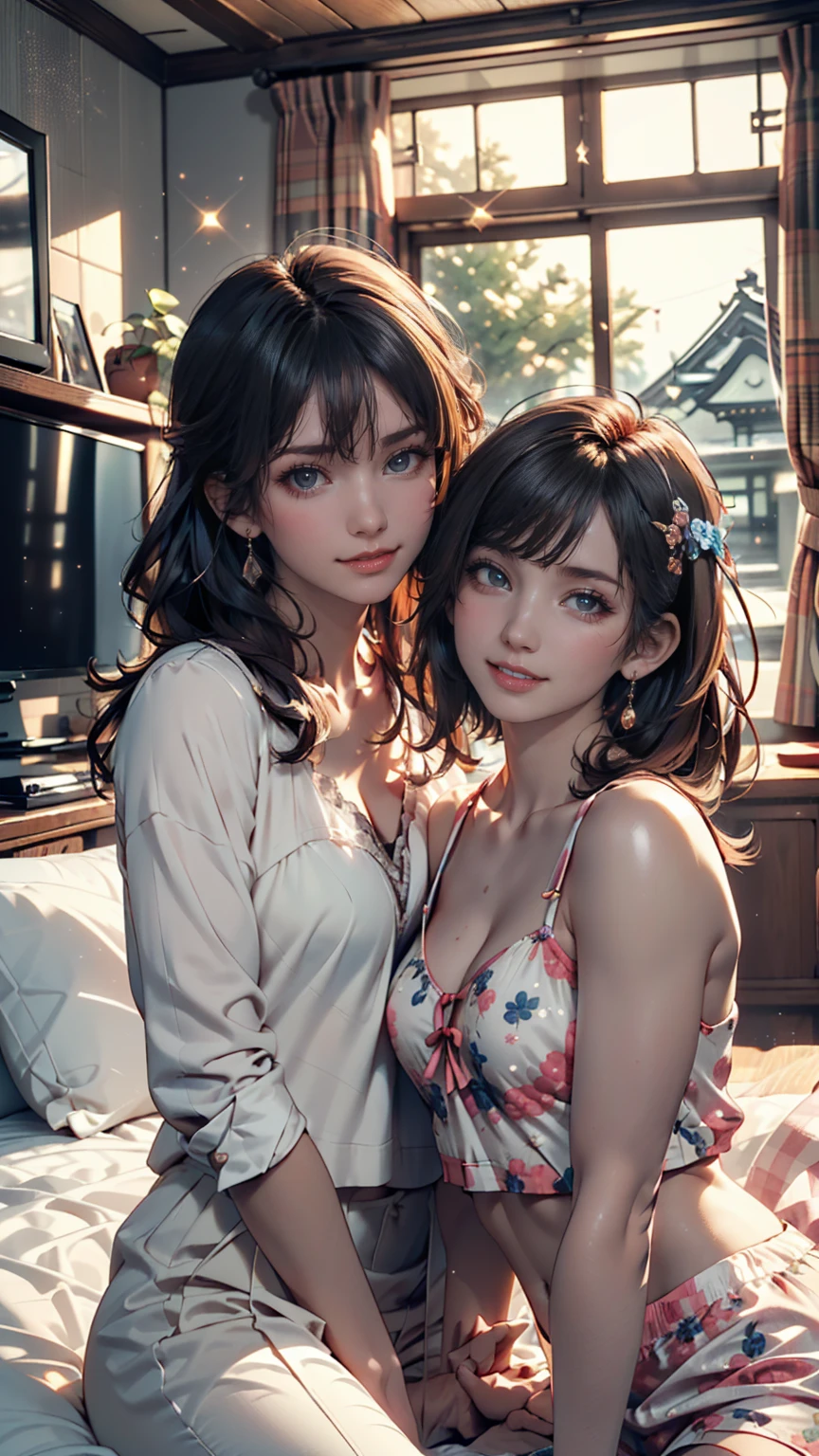 An absurd solution, High resolution, (masterpiece: 1.4), Very detailed, (((Detailed face, Detailed Expression)), Two Girls, Girl and Girl, friend, best friend, Classmate, relax, ponytail, Bob, sitting on bed, Sitting on the floor, Two people having a conversation, Room Background, friend, Relatives and friends, Home, 1k, Small room, curtain, bed, tv set, machine, Loungewear, Kyoto Animation, Kyoto Animationの雰囲気, (Tears in my eyes)、White summer dress decorated with lace、Brown Hair