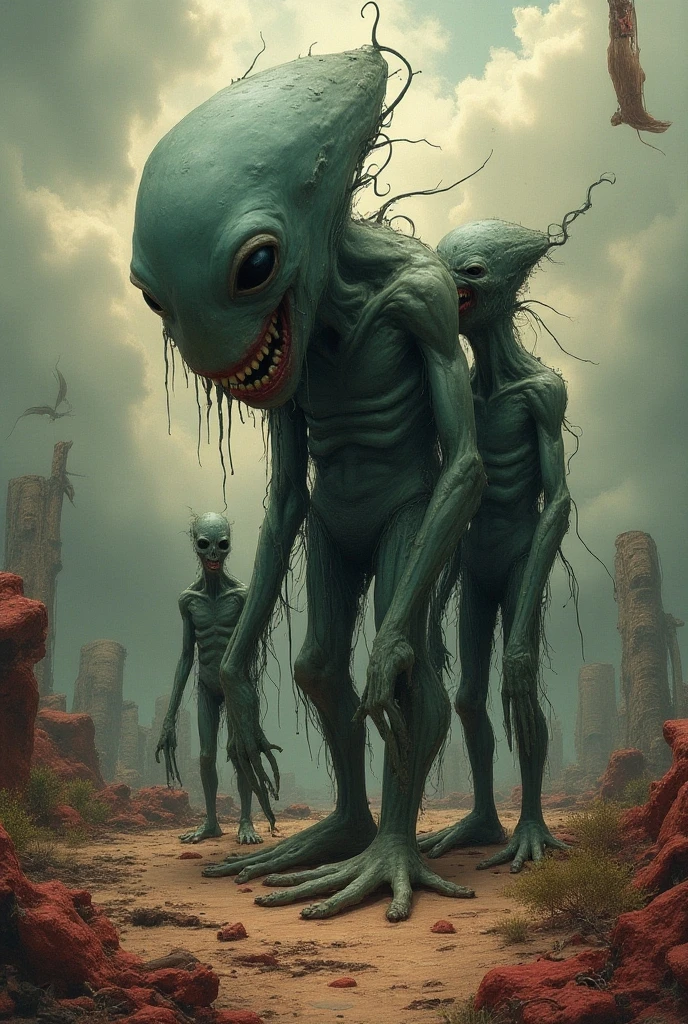 4 blue aliens blindfolded scary comic book style