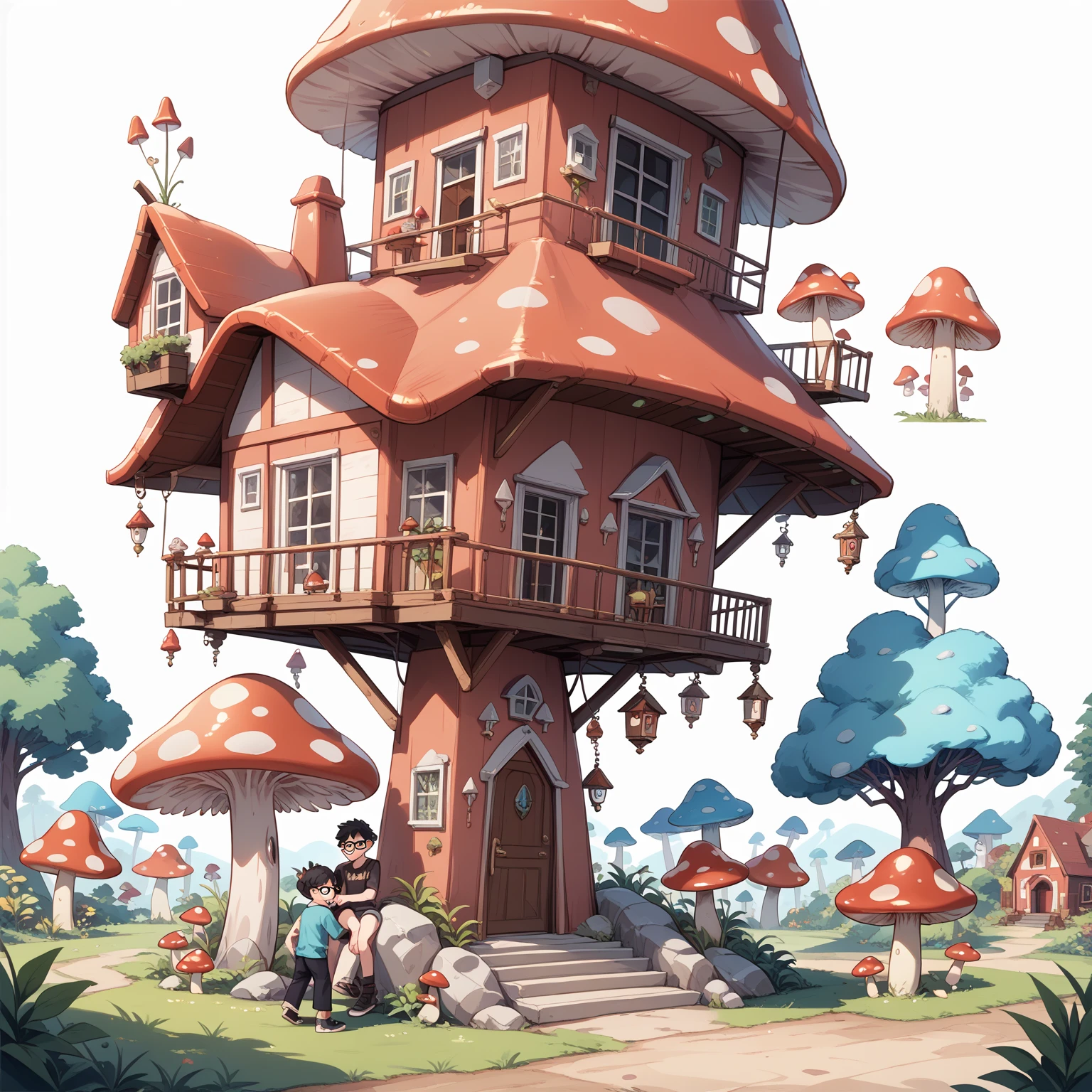 One girl, black hair, glasses, mushroom man, monster, spreading spores, mushroom-covered house, decaying town