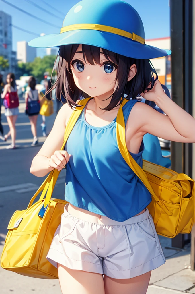 kindergarten clothes, yellow bag, blue hat