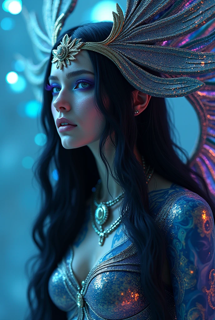 A stunning surreal illustration featuring an Aztec queen and her mist-shrouded vampire kingdom, rendered in mesmerizing bioluminescent neon watercolor hues, reminiscent of an ethereal dreamscape, bathed in a canvas of crystals, evoking an air of mystical opulence. The ancestral silhouette portrait, glows with an otherworldly luminescence, radiating an aura of enchantment. This ultra-high-resolution masterpiece embodies a harmonious blend of mystical realism and fantasy, pulsating with iridescent hues of blue, violet, and green, inviting the viewer to step into her mystical realm.