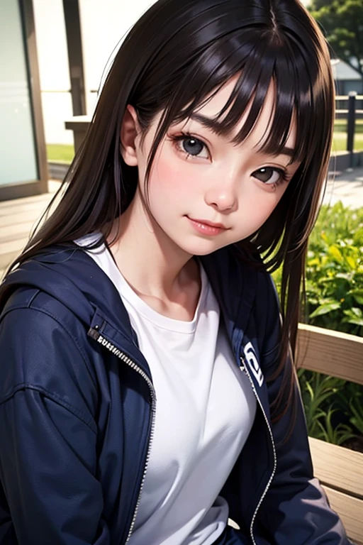 masutepiece, Best Quality, 1girl in, Solo, nffsw, ((20yr old, Japanese face, Japanese actressl)), Long hair, Black hair, Black eyes, Blue jacket, Black gym clothes, (No Expression), Sitting, Outdoors, Sitting on a bench, ((Upper body, Face Focus, Face Close-up)), Smile, 牙,