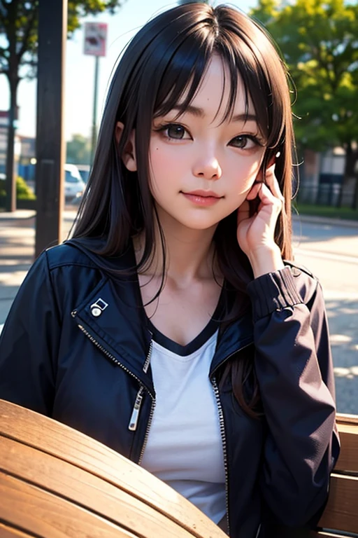 masutepiece, Best Quality, 1girl in, Solo, nffsw, ((20yr old, Japanese face, Japanese actressl)), Long hair, Black hair, Black eyes, Blue jacket, Black gym clothes, (No Expression), Sitting, Outdoors, Sitting on a bench, ((Upper body, Face Focus, Face Close-up)), Smile, 牙,