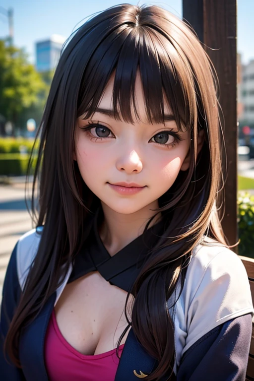 masutepiece, Best Quality, 1girl in, Solo, nffsw, ((20yr old, Japanese face, Japanese actressl)), Long hair, Black hair, Black eyes, Blue jacket, Black gym clothes, (No Expression), Sitting, Outdoors, Sitting on a bench, ((Upper body, Face Focus, Face Close-up)), Smile, 牙,