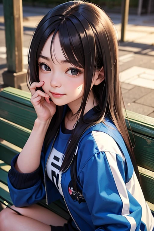 masutepiece, Best Quality, 1girl in, Solo, nffsw, ((20yr old, Japanese face, Japanese actressl)), Long hair, Black hair, Black eyes, Blue jacket, Black gym clothes, (No Expression), Sitting, Outdoors, Sitting on a bench, ((Upper body, Face Focus, Face Close-up)), Smile, 牙,