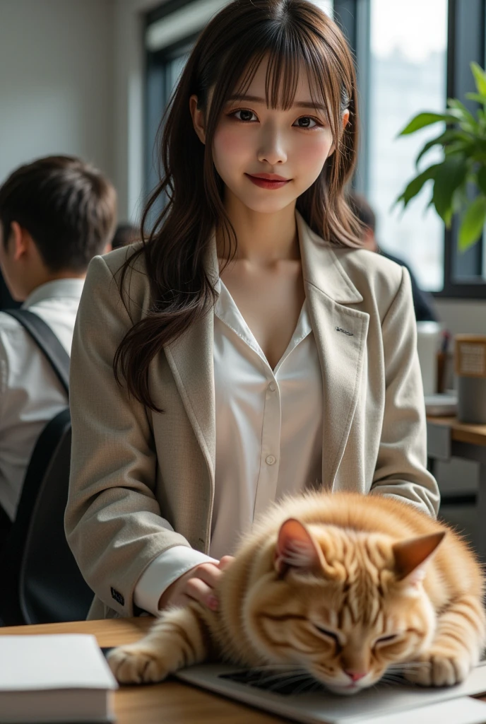 ultra-realistic, photorealistic, dramatic scene, shadow, global-illumination, solo, (teenage Japanese famous idol girl:1.5), very beautiful fragile Japanese girl, very beautiful with very cute but boyish cool face, (very large breasts), slim waist, moles, detailed face skin texture, professional lighting, (wearing a office worker's outfit of white shirt and jacket, with simple accessories:1.2), (very large breasts), at the large office with many desks and workers, decorative plant, A giant fat cat is sleeping on the laptop computer on her desk, she looks so confused, she is not able to understand whose cat he is, She shows her viewers a cute face with a bitter smile