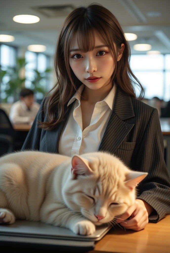 ultra-realistic, photorealistic, dramatic scene, shadow, global-illumination, solo, (teenage Japanese famous idol girl:1.5), very beautiful fragile Japanese girl, very beautiful with very cute but boyish cool face, (very large breasts), slim waist, moles, detailed face skin texture, professional lighting, (wearing a office worker's outfit of white shirt and jacket, with simple accessories:1.2), (very large breasts), at the large office with many desks and workers, decorative plant, A giant fat cat is sleeping on the laptop computer on her desk, she looks so confused, she is not able to understand whose cat he is, She shows her viewers a cute face with a bitter smile