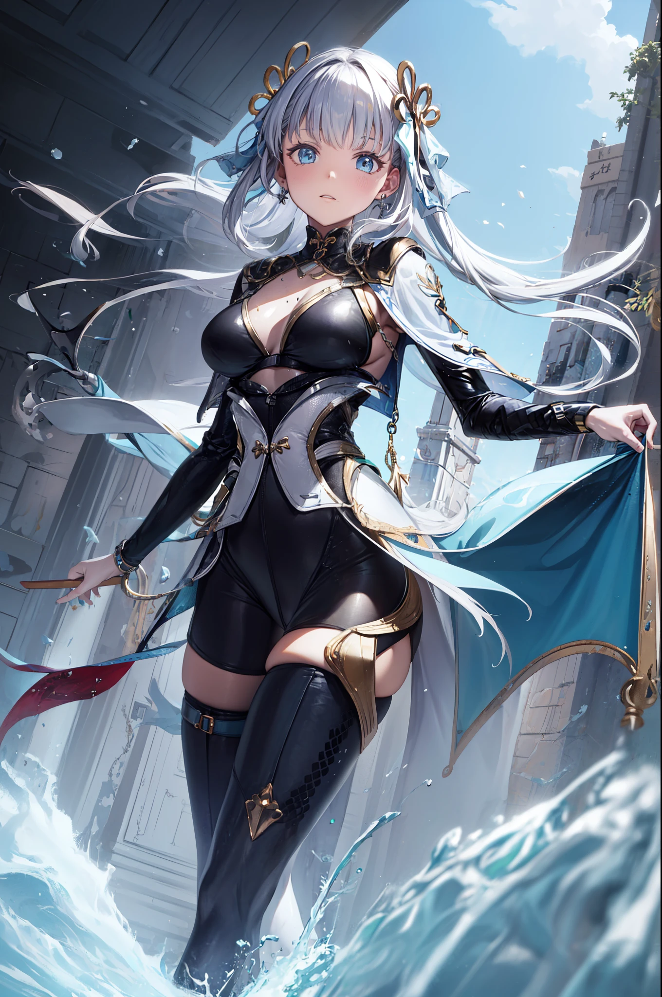 ( Best Quality ,4K,8K, high resolution ,masterpiece:1.2), extremely detailed,Mature Woman,, magic ,Charm,joy, Holy Goddess , magic al effect,Silver Hair, blue eyes,One-piece rubber suit，boots