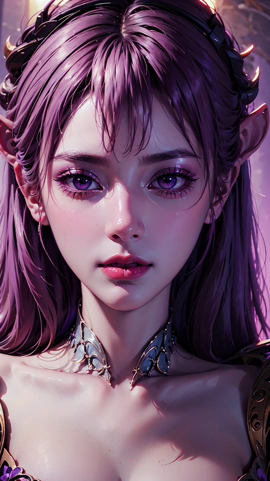 beautiful purple girl , wearing a bra, big  beautiful detailed eyes, beautiful detailed lips, extremely detailed face, long eyelashes, portrait, fantasy, realistic, photorealistic, 8k, high quality, masterpiece, vibrant colors, soft lighting