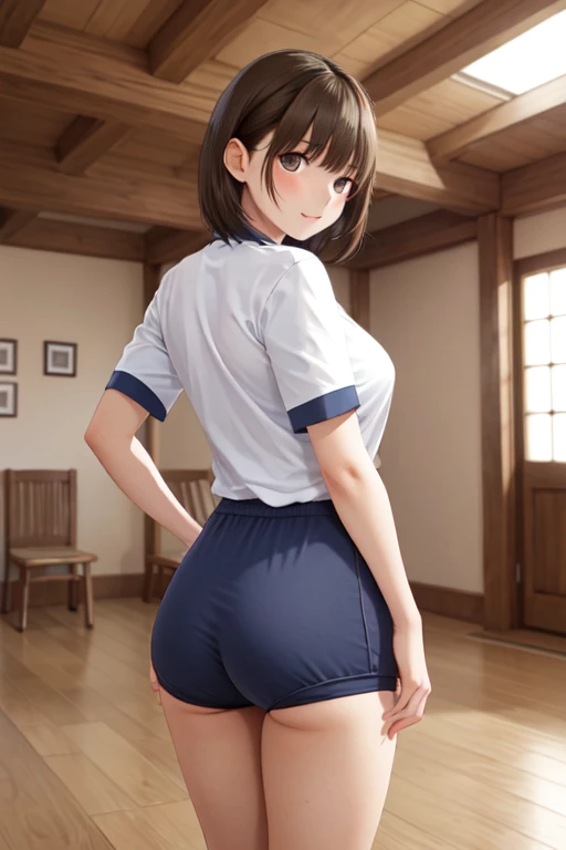 masterpiece, best quality, highres, aanene, short hair,(buruma:1.2),gym uniform, ass shot, cowboy shot, bed room, smile,steam,ahegao,