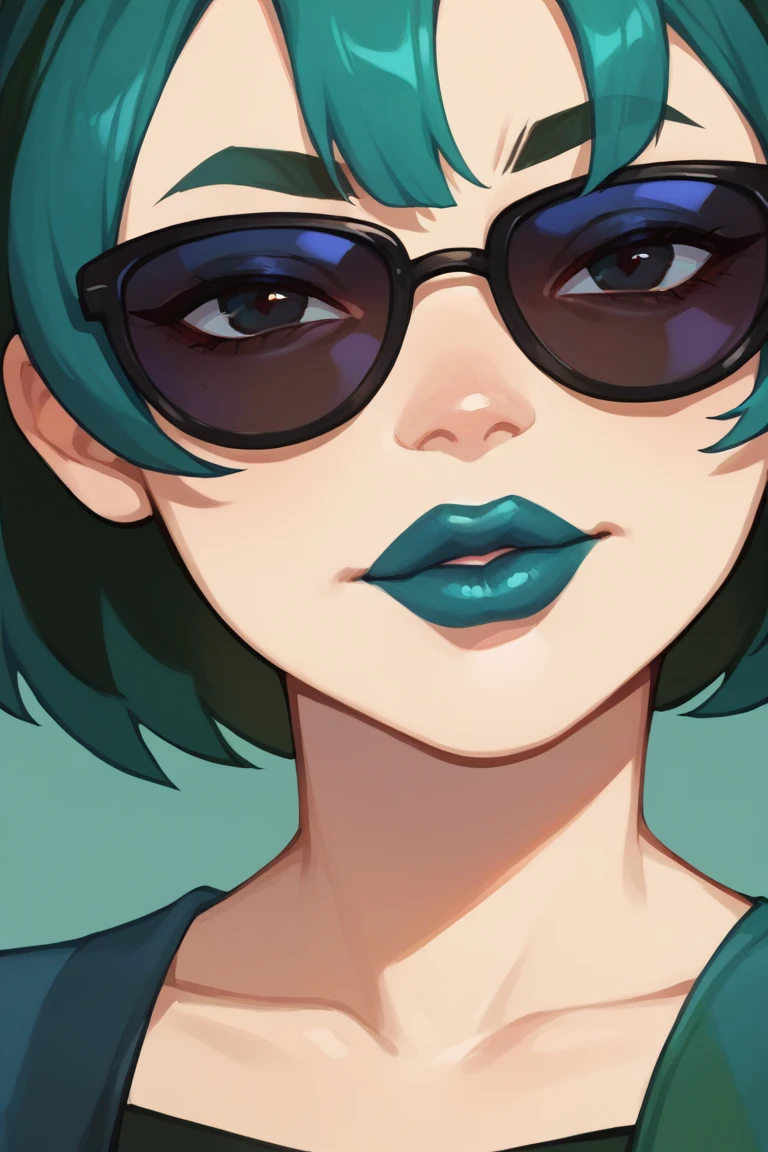 score_9, score_8_up, score_7_up, BREAK, 1girl, solo, gwentd, two-tone hair, lipstick,  looking at viewer,  incrspersonacutinxl, close-up, simple background, sunglasses,